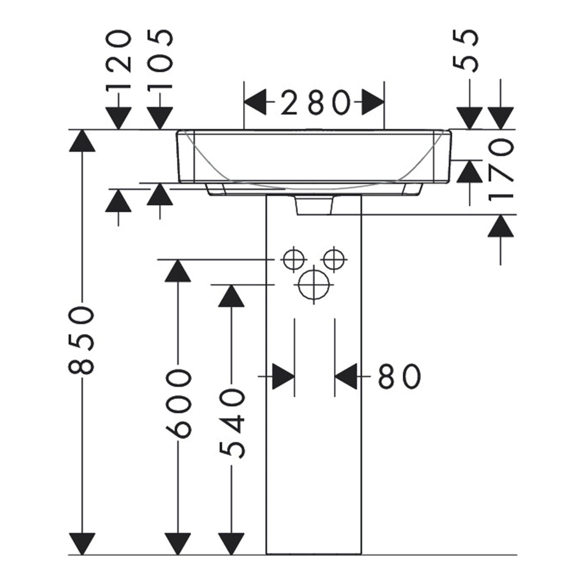 Hansgrohe Xanuia Q Wash basin 550 480 without tap hole with overflow 60235450 technical 02.jpg