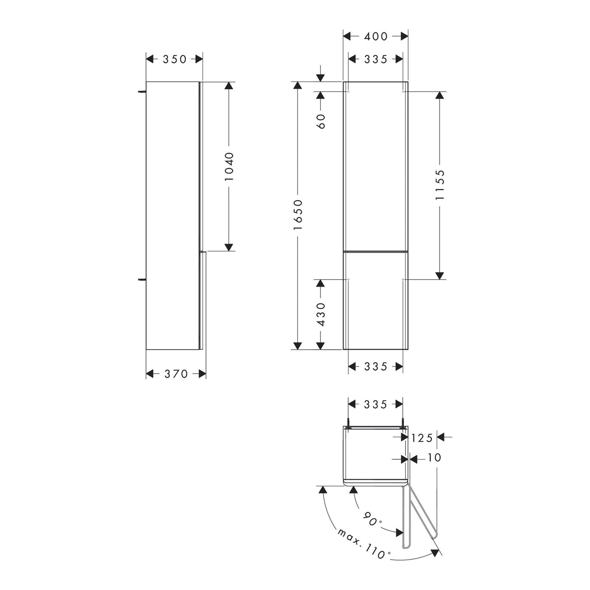 Hansgrohe Xelu Q Tall cabinet Diamond Matt Grey 400 350 door hinge right 54140000 technical 01.jpg