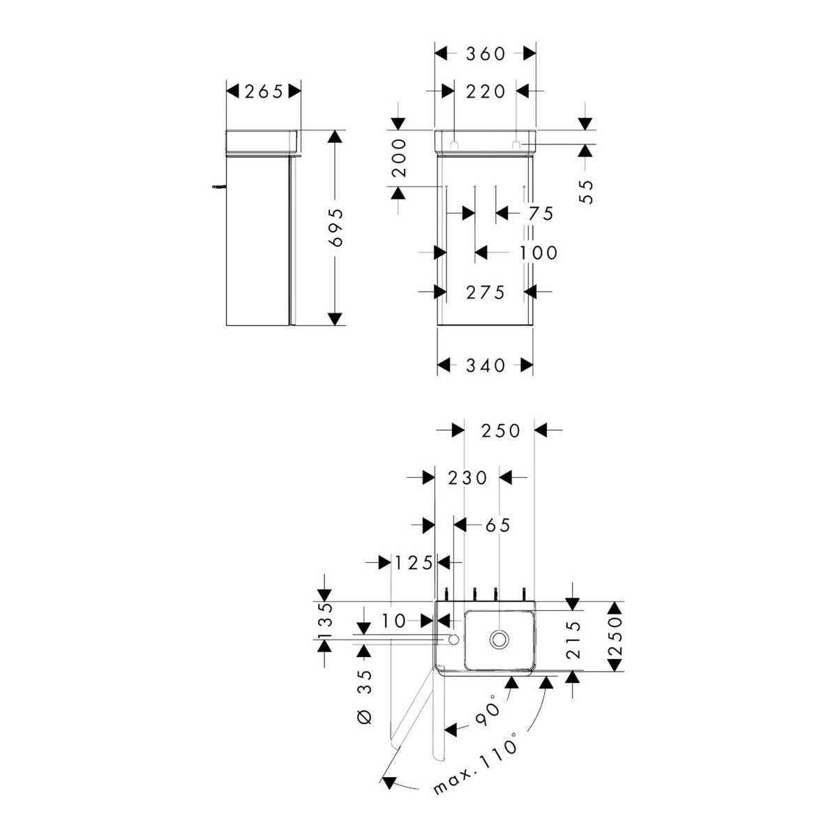 Hansgrohe Xelu Q Vanity unit set Diamond Matt Grey 340 245 door hinge left with handrinse basin shelf left 54363670 technical 01.jpg
