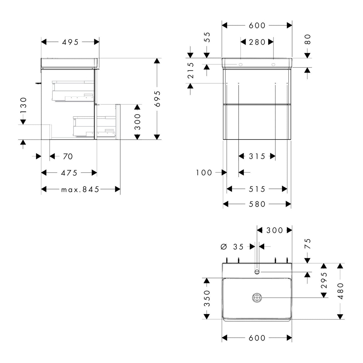 Hansgrohe Xelu Q Vanity unit set Diamond Matt Grey 580 475 with 2 drawers with wash basin 54372670 technical 01.jpg