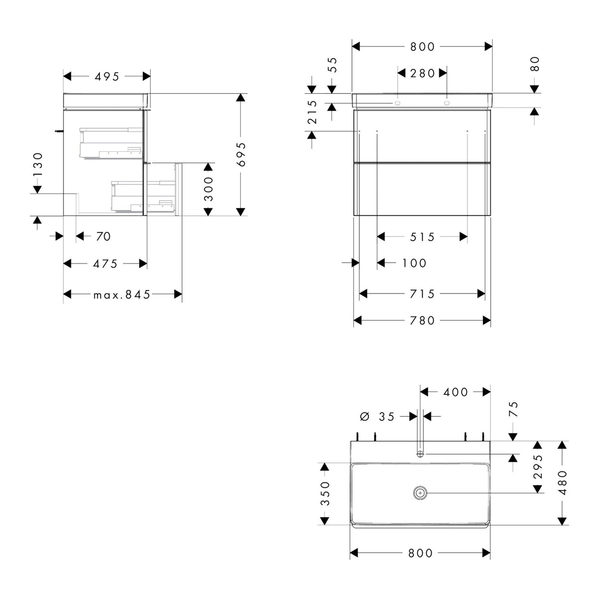 Hansgrohe Xelu Q Vanity unit set High Gloss White 780 475 with 2 drawers with wash basin 54374000 technical 01.jpg