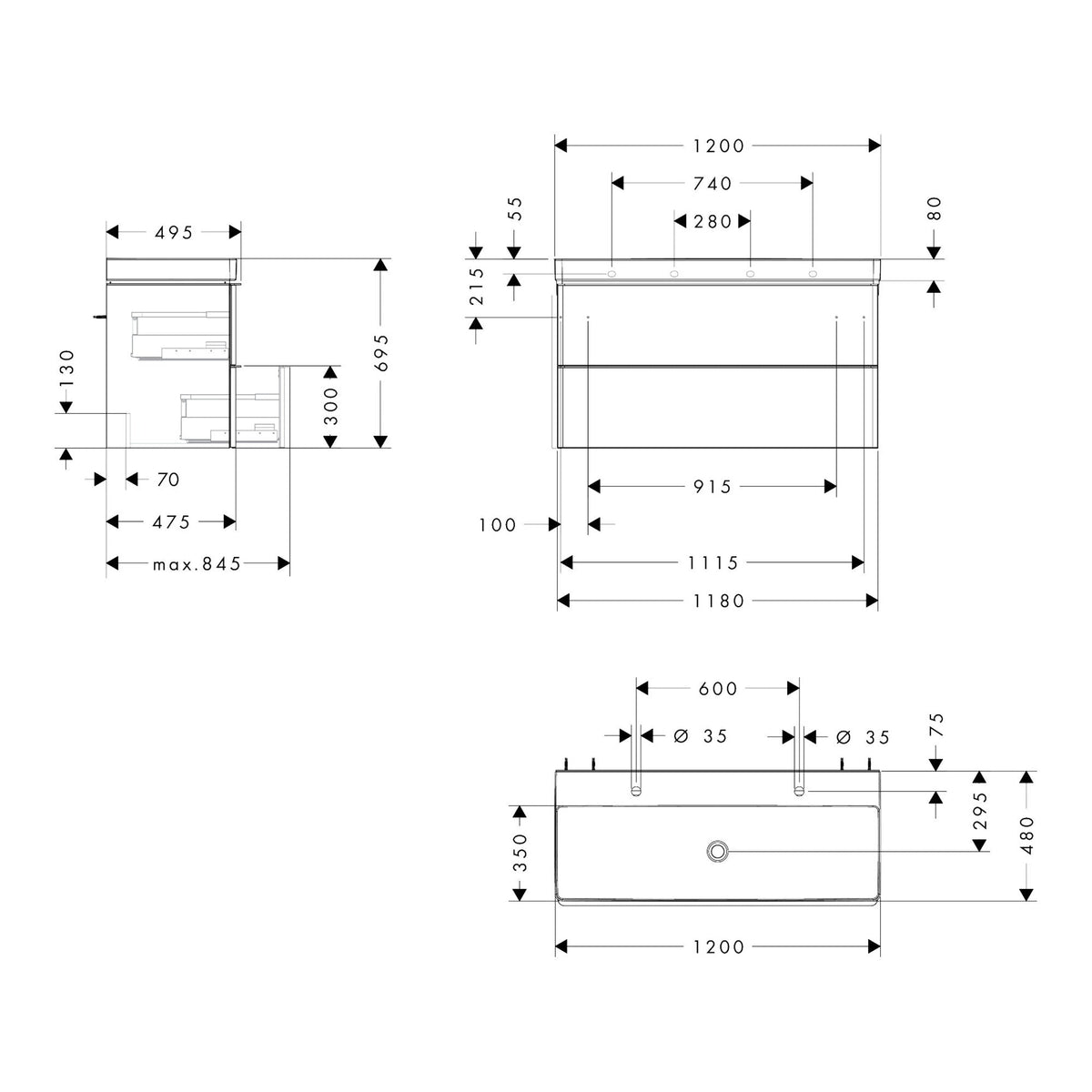 Hansgrohe Xelu Q Vanity unit set Natural Oak 1180 475 with 2 drawers with wash basin 54388000 technical 01.jpg