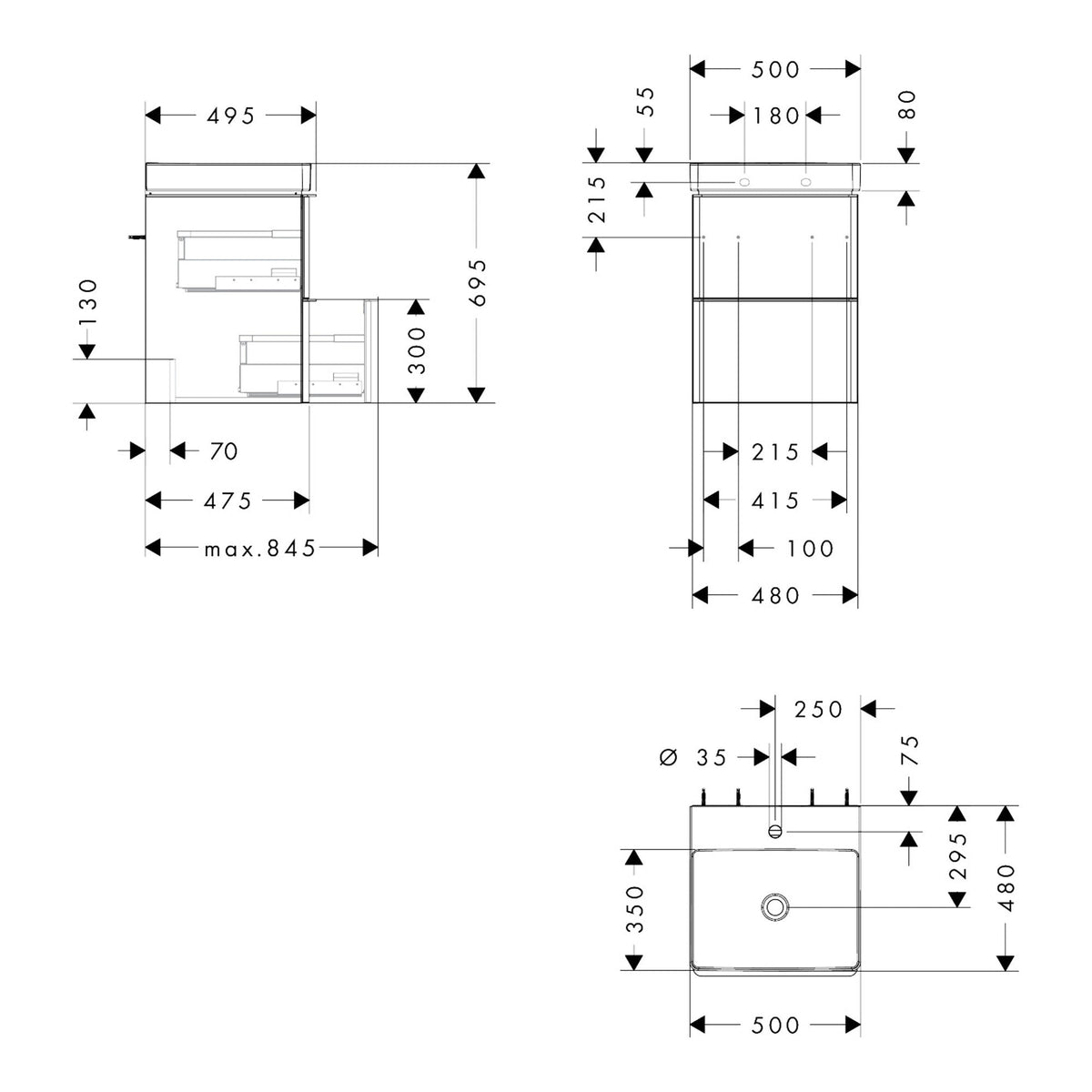 Hansgrohe Xelu Q Vanity unit set Natural Oak 480 475 with 2 drawers with handrinse basin 54370000 technical 01.jpg