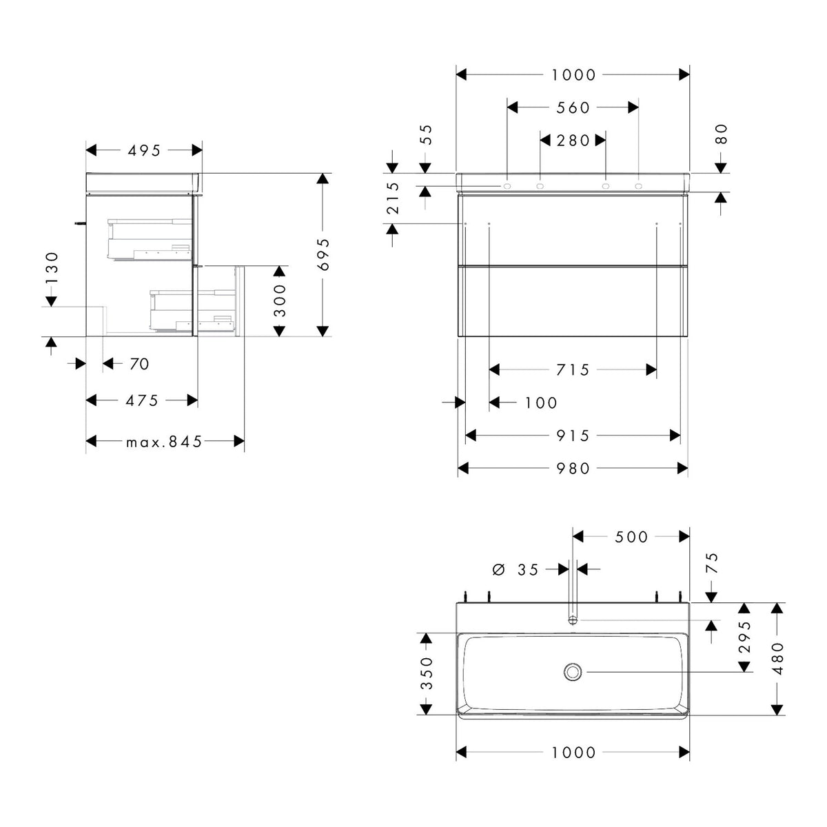 Hansgrohe Xelu Q Vanity unit set Natural Oak 980 475 with 2 drawers with wash basin 54385000 technical 01.jpg