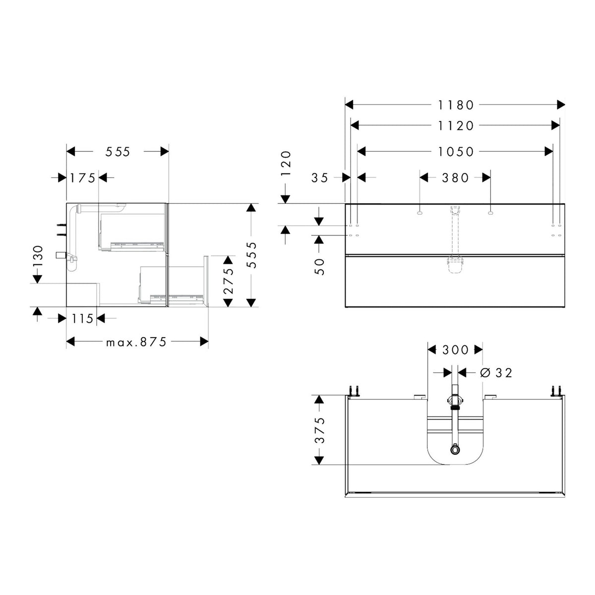 Hansgrohe Xevolos E Vanity unit Matt White 1180 550 with 2 drawers for console with cutout middle 54193320 technical 01.jpg