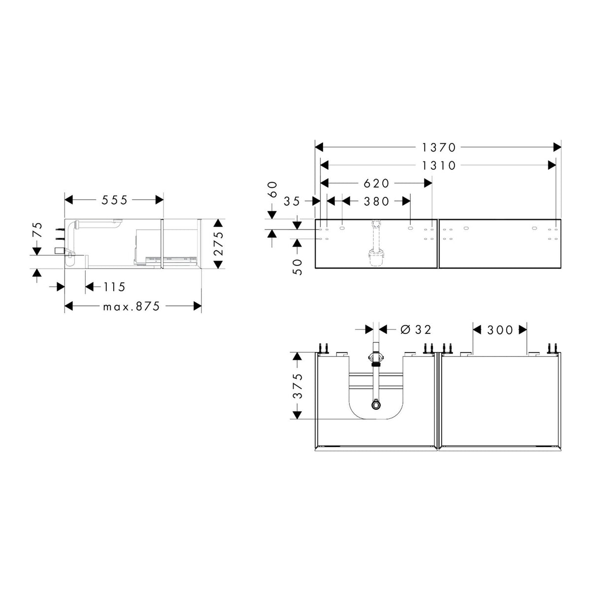 Hansgrohe Xevolos E Vanity unit Matt White 1370 550 with 2 drawers for console with cutout left 54319320 technical 01.jpg