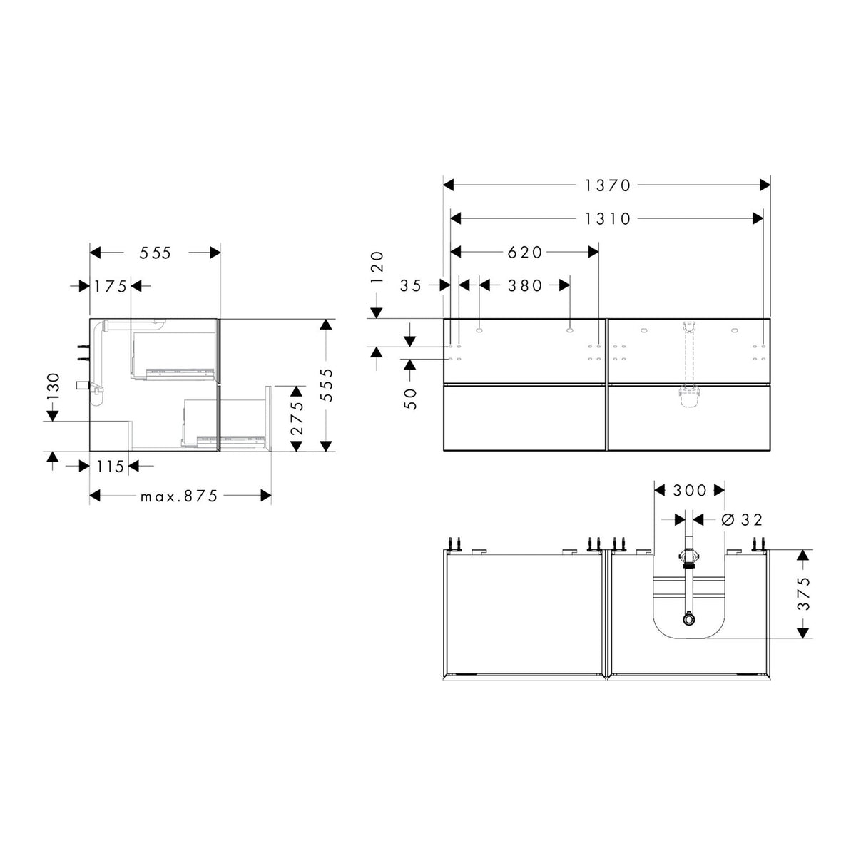 Hansgrohe Xevolos E Vanity unit Matt White 1370 550 with 4 drawers for console with cutout right 54239320 technical 01.jpg