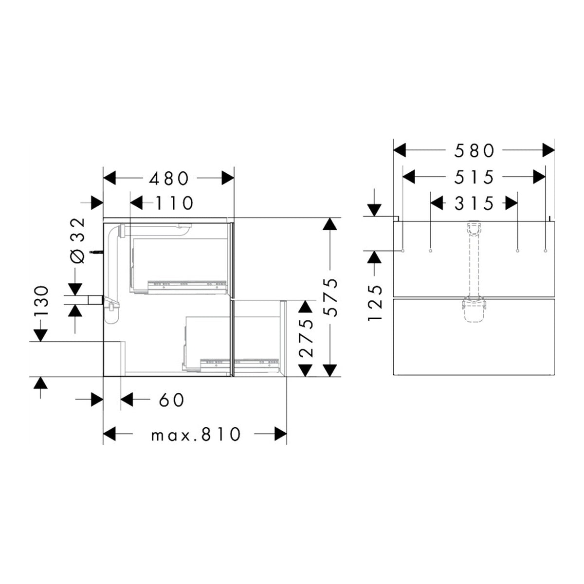 Hansgrohe Xevolos E Vanity unit Matt White 580 475 with 2 drawers for wash basin 54175320 technical 01.jpg