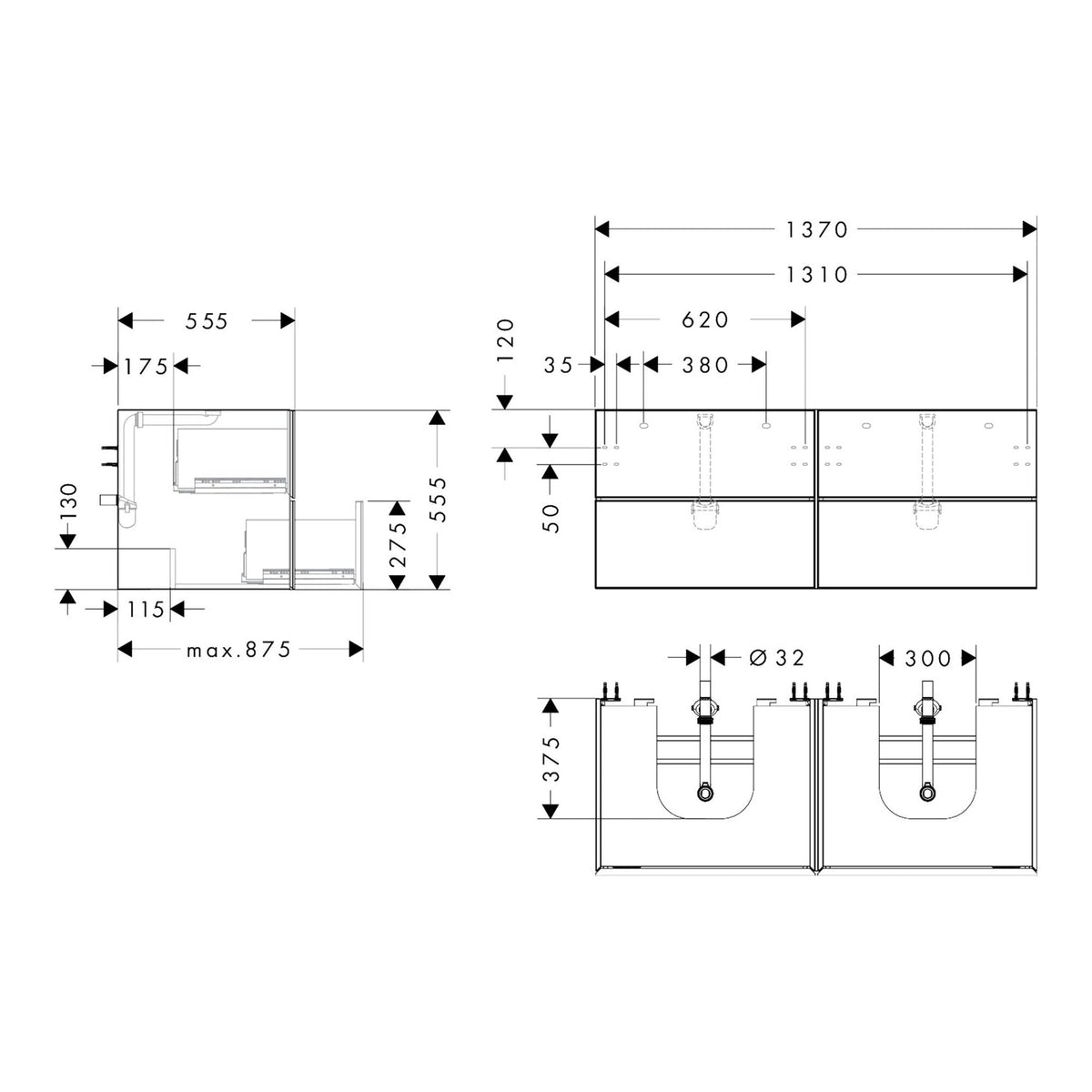 Hansgrohe Xevolos E Vanity unit Sand Matt Beige 1370 550 with 4 drawers for console with 2 cutouts 54197390 technical 01.jpg