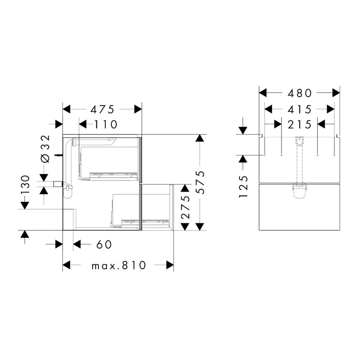 Hansgrohe Xevolos E Vanity unit Sand Matt Beige 480 475 with 2 drawers for handrinse basin 54173390 technical 01.jpg