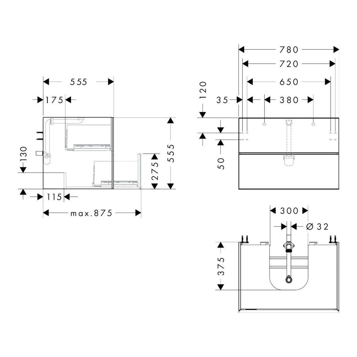 Hansgrohe Xevolos E Vanity unit Sand Matt Beige 780 550 with 2 drawers for console with cutout middle 54188390 technical 01.jpg