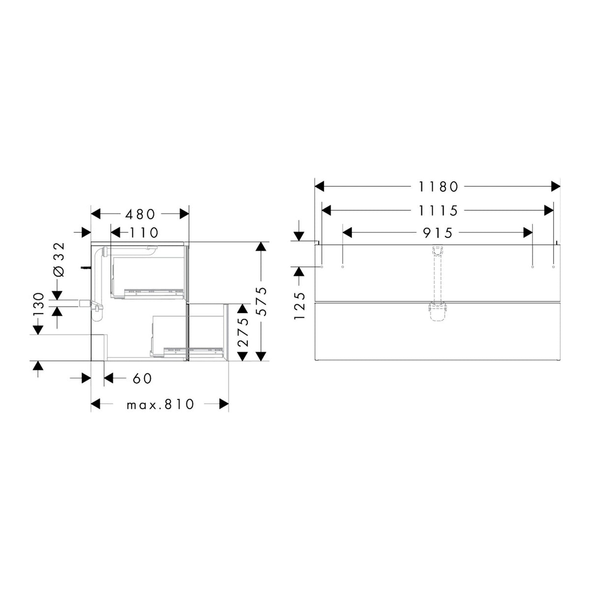 Hansgrohe Xevolos E Vanity unit Slate Matt Grey 1180 475 with 2 drawers for wash basin 54186390 technical 01.jpg
