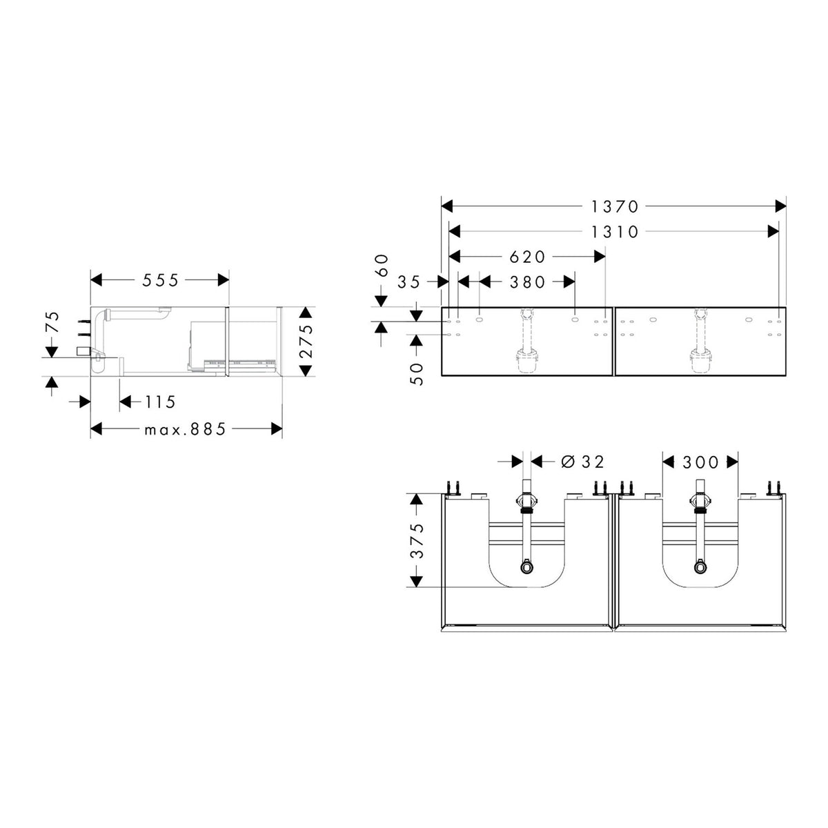 Hansgrohe Xevolos E Vanity unit Slate Matt Grey 1370 550 with 2 drawers for console with 2 cutouts 54318390 technical 01.jpg