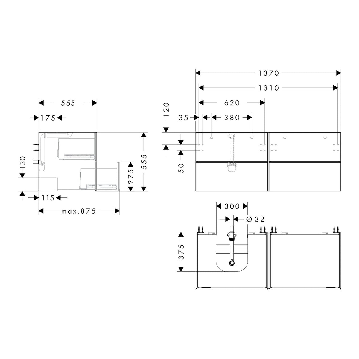 Hansgrohe Xevolos E Vanity unit Slate Matt Grey 1370 550 with 4 drawers for console with cutout left 54238390 technical 01.jpg