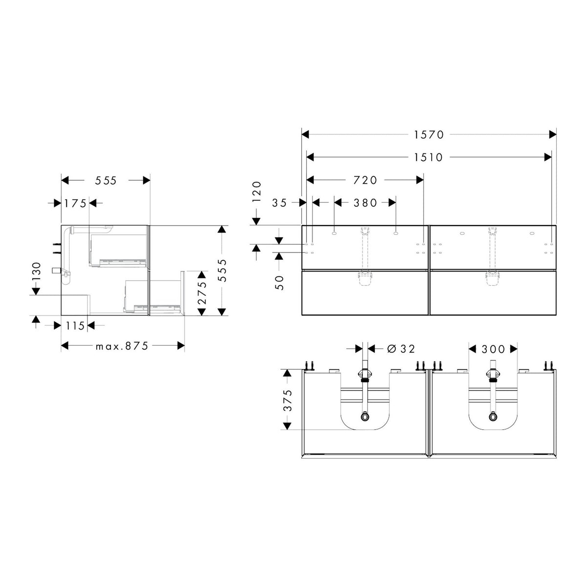 Hansgrohe Xevolos E Vanity unit Slate Matt Grey 1570 550 with 4 drawers for console with 2 cutouts 54201390 technical 01.jpg
