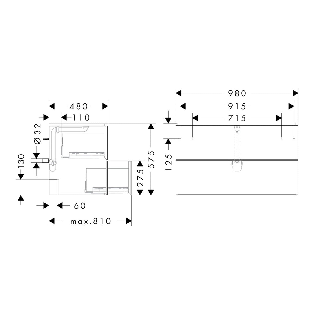 Hansgrohe Xevolos E Vanity unit Slate Matt Grey 980 475 with 2 drawers for wash basin 54183390 technical 01.jpg