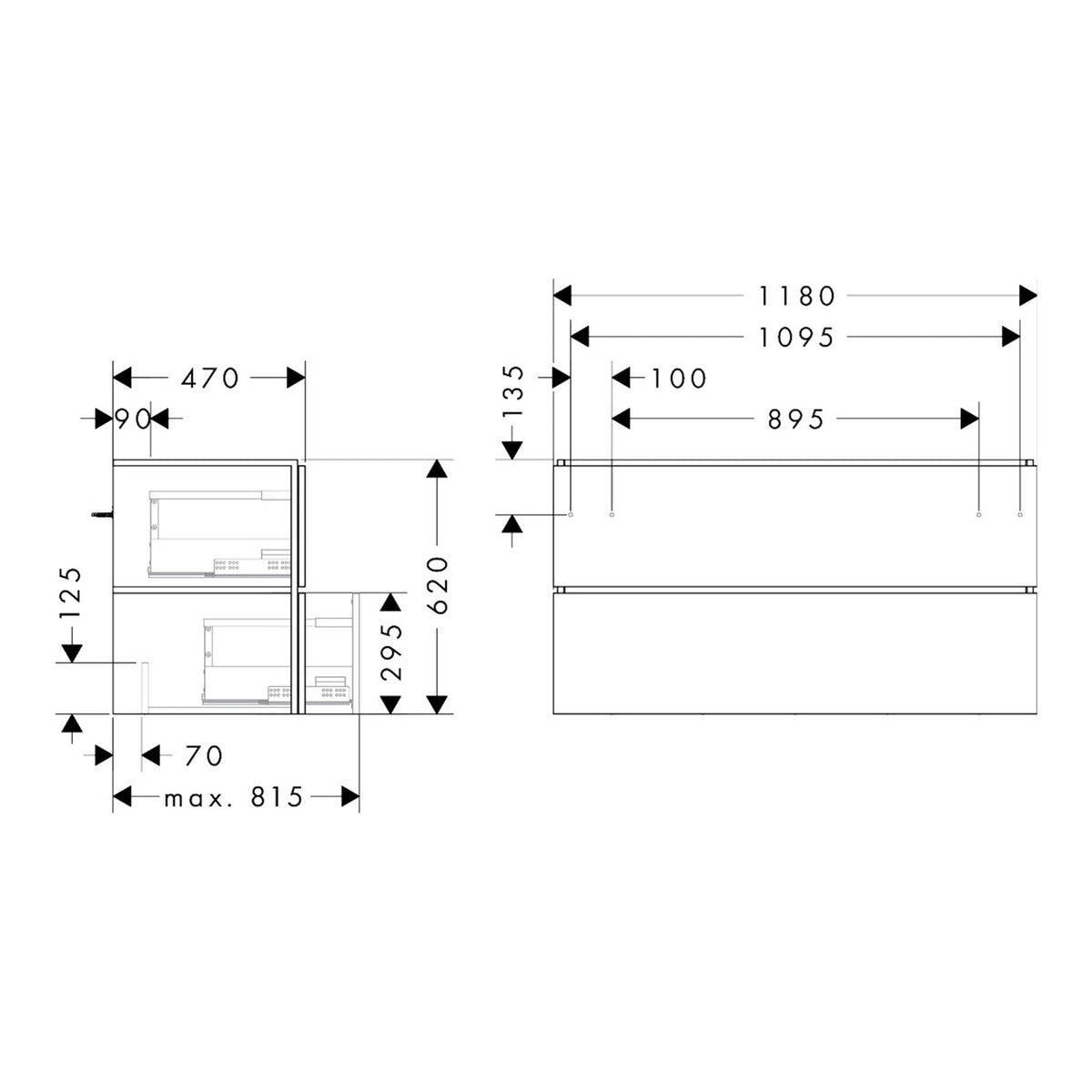 Hansgrohe Xilesa E Vanity unit 1180 470 with 2 drawers PushOpen for wash basin 54298550 technical 01.jpg