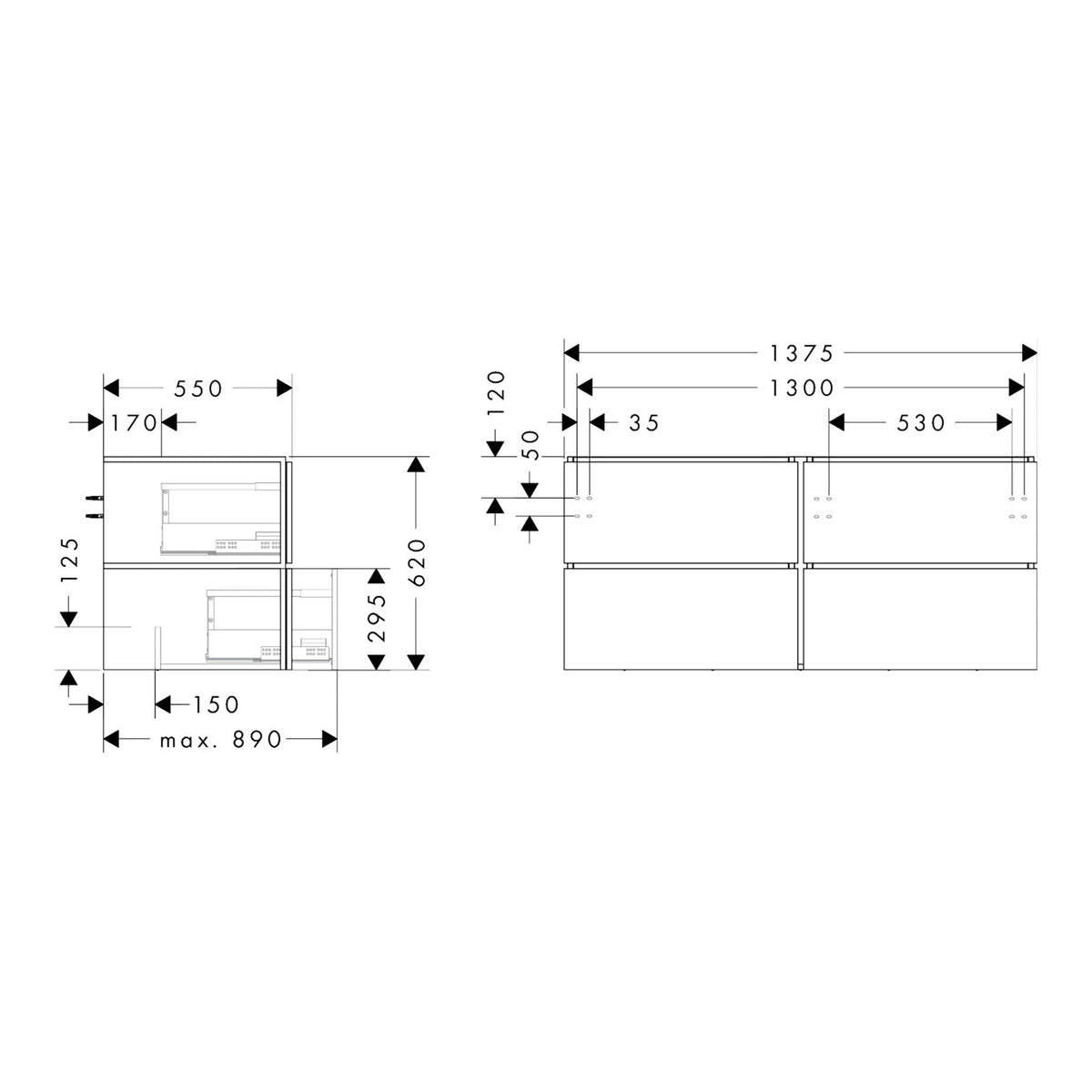 Hansgrohe Xilesa E Vanity unit 1375 550 with 4 drawers PushOpen for console 54306550 technical 01.jpg