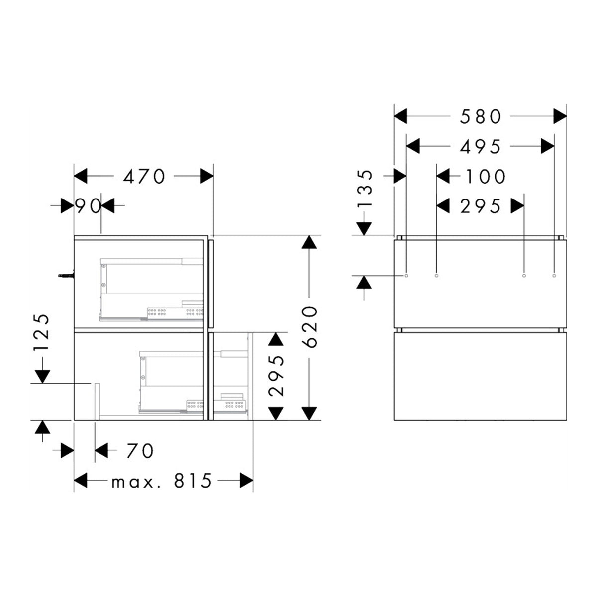 Hansgrohe Xilesa E Vanity unit 580 470 with 2 drawers PushOpen for wash basin 54293550 technical 01.jpg