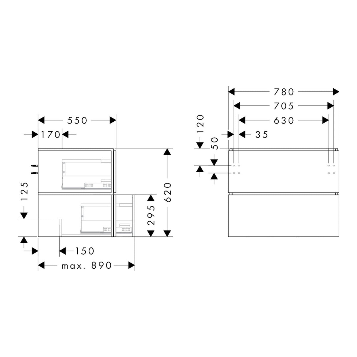 Hansgrohe Xilesa E Vanity unit 780 550 with 2 drawers PushOpen for console with cutout middle 54300550 technical 01.jpg