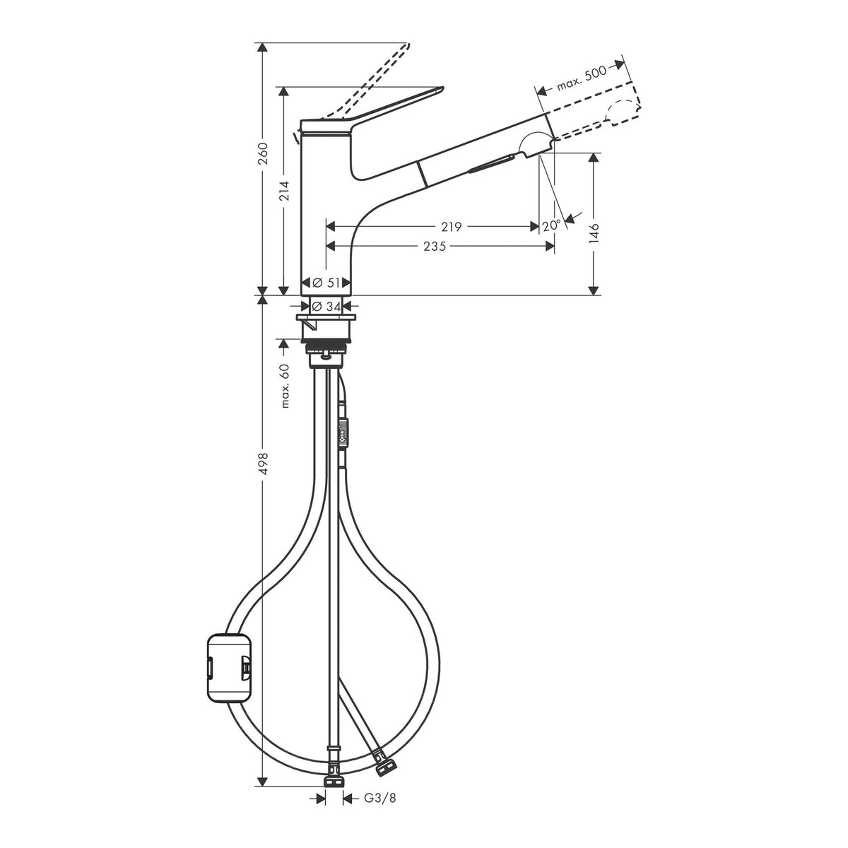 Hansgrohe Zesis M33 Single lever kitchen mixer 150 EcoSmart pull out spray 2jet 74810000 technical 01.jpg
