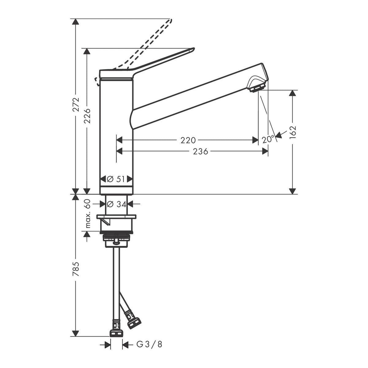 Hansgrohe Zesis M33 Single lever kitchen mixer 160 installation in front of a window 1jet 74805000 technical 01.jpg