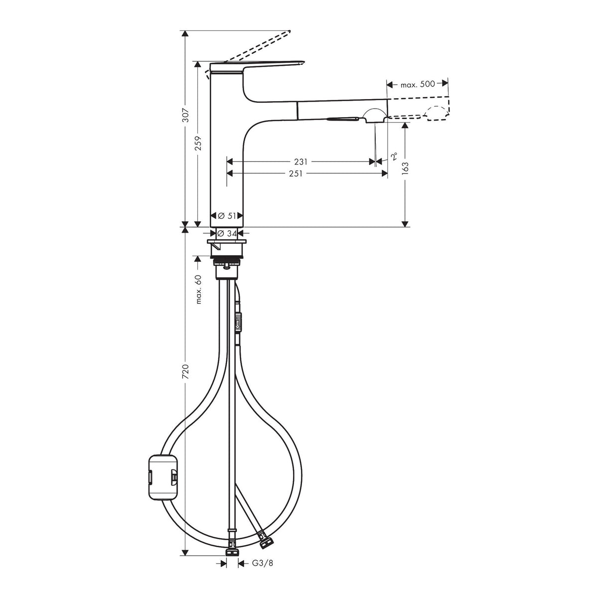 Hansgrohe Zesis M33 Single lever kitchen mixer 160 metal pull out spray 2jet 74822000 technical 01.jpg
