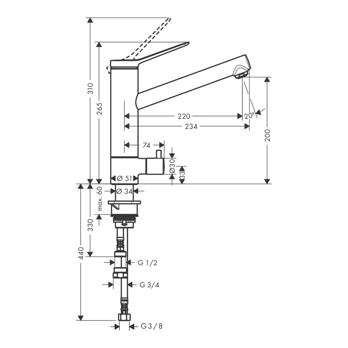 Hansgrohe Zesis M33 Single lever kitchen mixer 200 device shut off valve CoolStart 1jet 74807000 technical 01.jpg